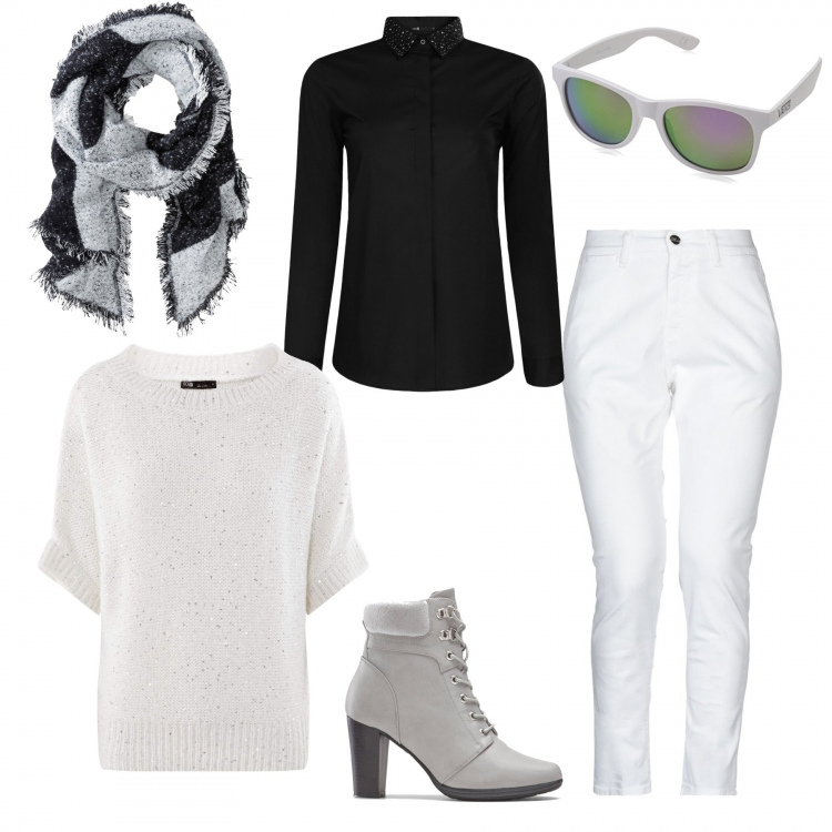 Outfit donna - Vestiti di luce. Stile Urban per Tutti i giorni. Abbinamento con sciarpe, stivaletti, pantalone chino, maglione con paillettes aderente bianco, camicie, occhiali da sole bianco.