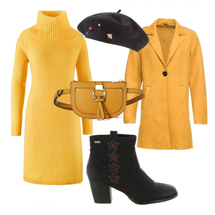 Outfit donna - Yellow new look. Stile Trendy per Tutti i giorni. Abbinamento con cappelli e berretti, vestiti, cappotti, stivaletti.