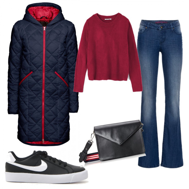 Outfit donna - Comodità. Stile Basic per Scuola/Università. Abbinamento con blazer, jeans bootcut, maglione girocollo fucsia, borsa a tracolla, sneakers.