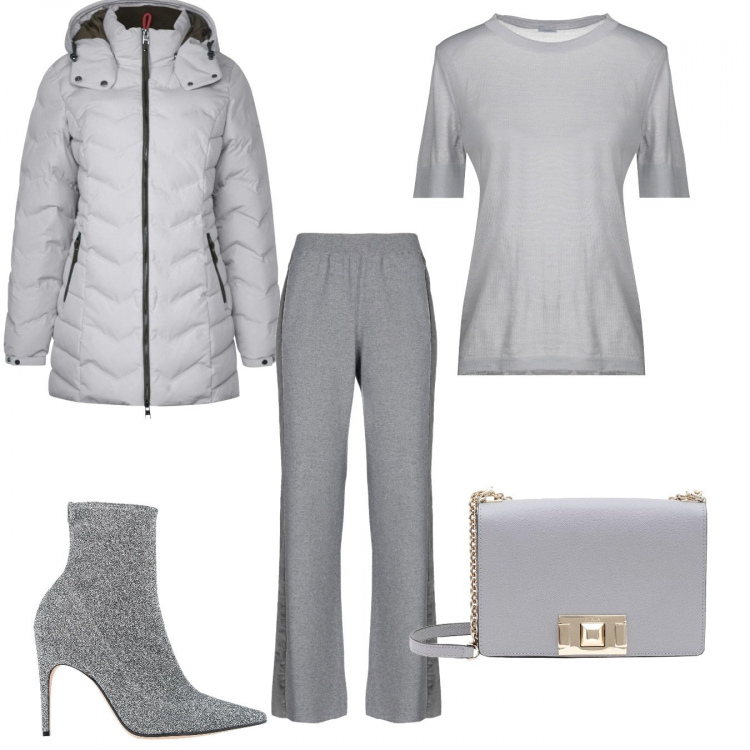 Outfit donna - Grey forever. Stile Trendy per Tutti i giorni. Abbinamento con stivaletti, pantalone lungo, borsa a tracolla mini a scatto interno foderato in pelle tinta unita, pullover, blazer.