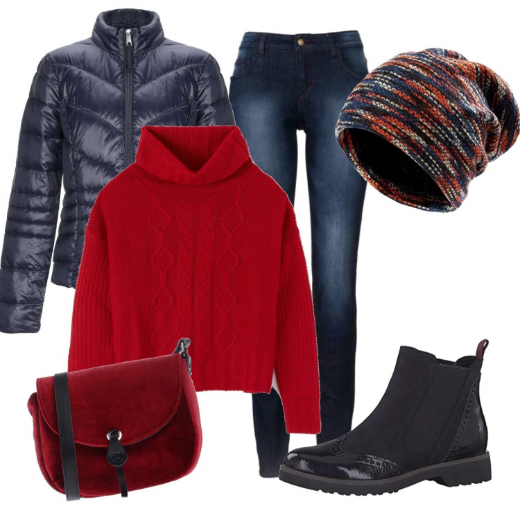 Outfit donna - Lezioni di guida. Stile Basic per Tutti i giorni. Abbinamento con jeans skinny, piumino, borse a spalla, maglione a trecce collo a dolcevita rosso, stivaletti chelsea, cappello beanie in in maglia rosso.