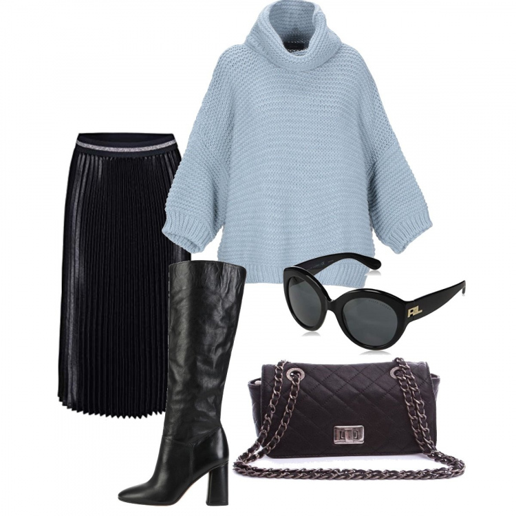 Outfit mujer - Street-style. Estilo Urban para Todos los días. Combinación con gonna nero, gafas de sol nero, borsa a tracolla, maglioncino in alpaca, botas y anfibios.