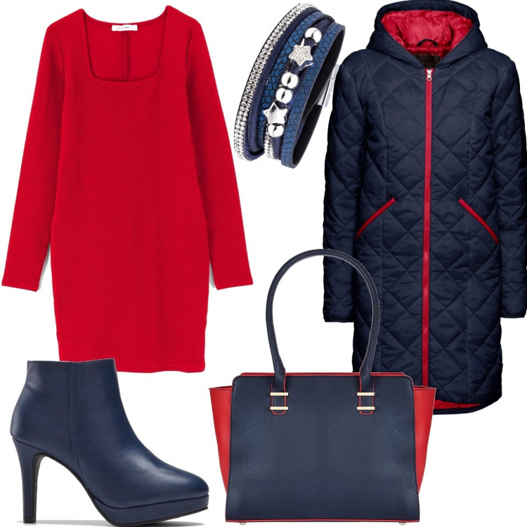 Outfit donna - Freddo Gennaio. Stile Trendy per Ufficio. Abbinamento con blazer, borsa a mano, stivaletti, braccialetti, vestito corto con tacco squadrato rosso.