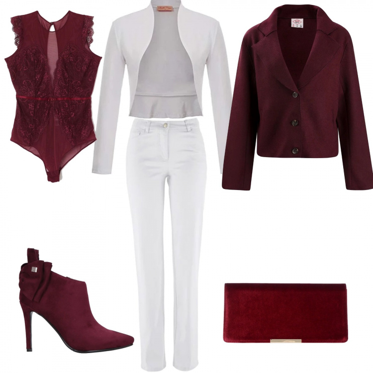 Outfit donna - Invito a cena. Stile Sexy per Serata fuori. Abbinamento con pantaloni, stivaletti con fiocco effetto scamosciato con zip a punta in pelle sintetica tinta unita, borse a mano, body con pizzo in tulle, cappotti, bolero.