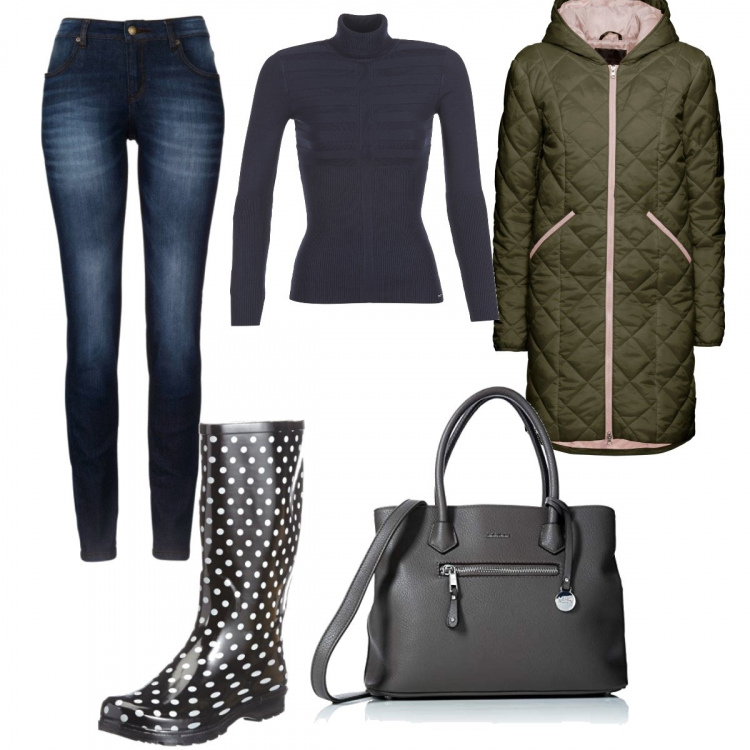 Outfit donna - Fuori piove. Stile Basic per Tutti i giorni. Abbinamento con jeans skinny, cappotti, maglieria, shopping bag grigio, stivali di gomma.
