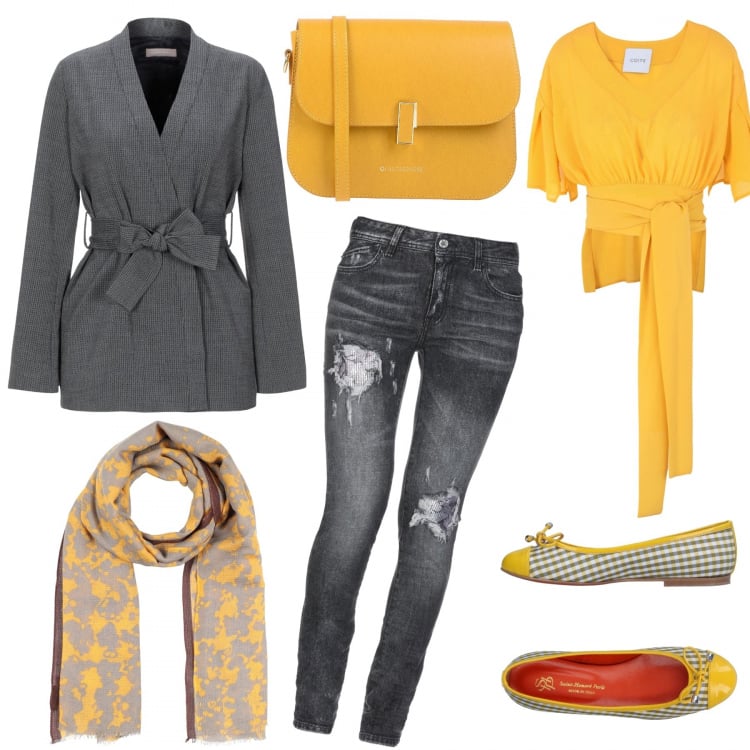 Outfit donna - All’università con YOOX. Stile Urban per Scuola/Università. Abbinamento con blusa con fusciacca collo a v a maniche corte senza tasche crêpe, blazer, jeans slim fit, scarpe, borsa messenger, stola fantasia con frange in lana verde.