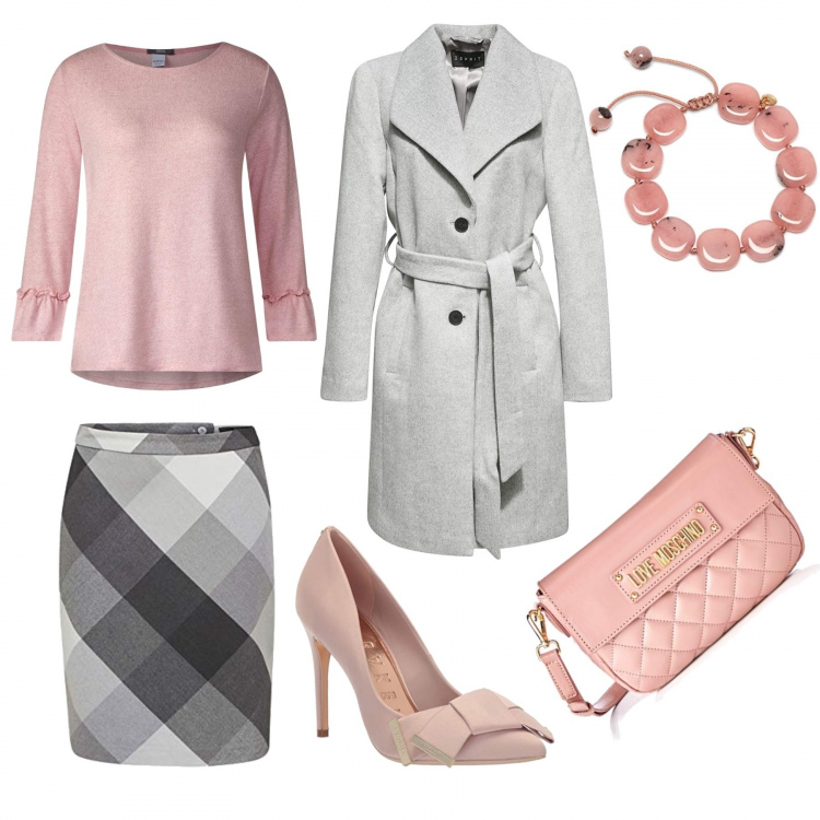 Outfit donna - @work. Stile Basic per Ufficio. Abbinamento con t-shirt, gonne, cappotti, scarpe col tacco, braccialetto, borse a tracolla.