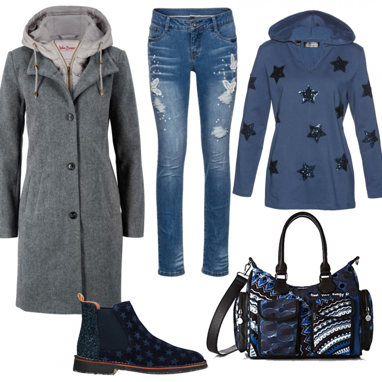 Outfit donna - Paillettes easy. Stile Basic per Tutti i giorni. Abbinamento con cappotti, bermuda, jeans, stivaletti fantasia glitter con tacco squadrato interno in pelle con punta tonda, borsa.