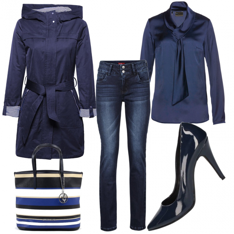 Outfit donna - Blu a gennaio. Stile Trendy per Tutti i giorni. Abbinamento con jeans, tunica effetto satinato blu, décolleté, giubbotto, borse.