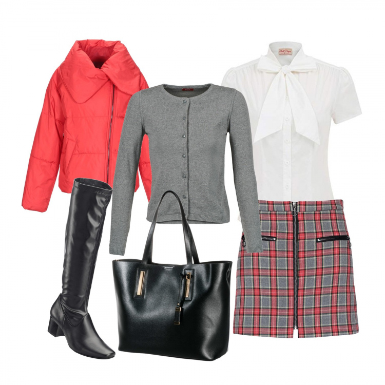 Outfit donna - Gonna scozzese. Stile Trendy per Ufficio. Abbinamento con stivali, shopping bag, minigonna, piumino collo classico a maniche lunghe con zip interno imbottito in tessuto tecnico tinta unita, gilet, t-shirt.