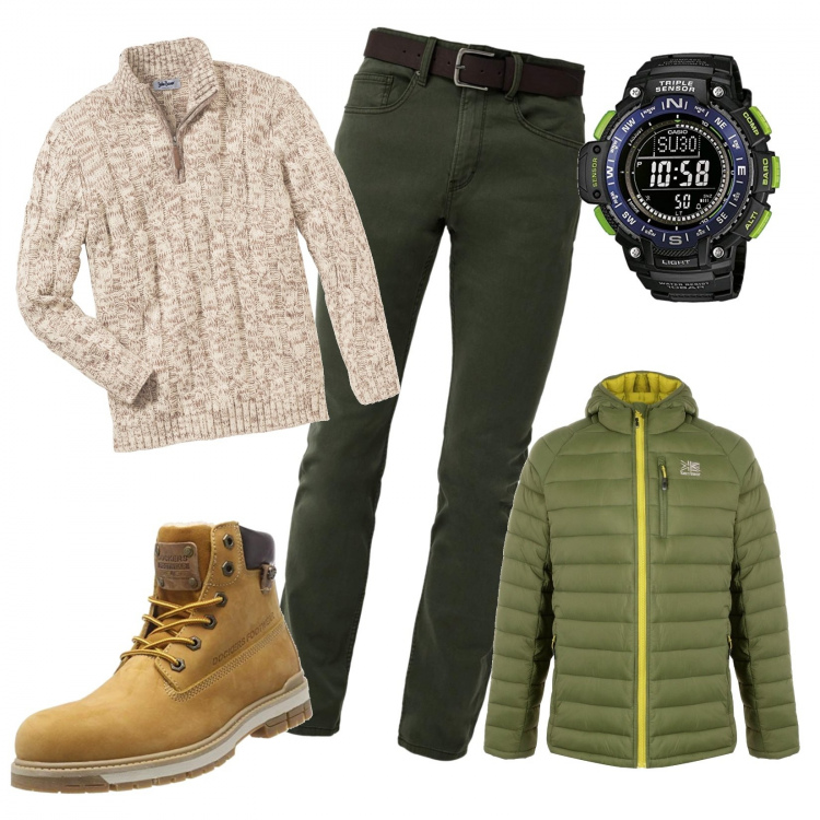 Outfit uomo - Casual in città. Stile Casual per Tutti i giorni. Abbinamento con maglieria, piumino, jeans, stivali, orologi digitali.