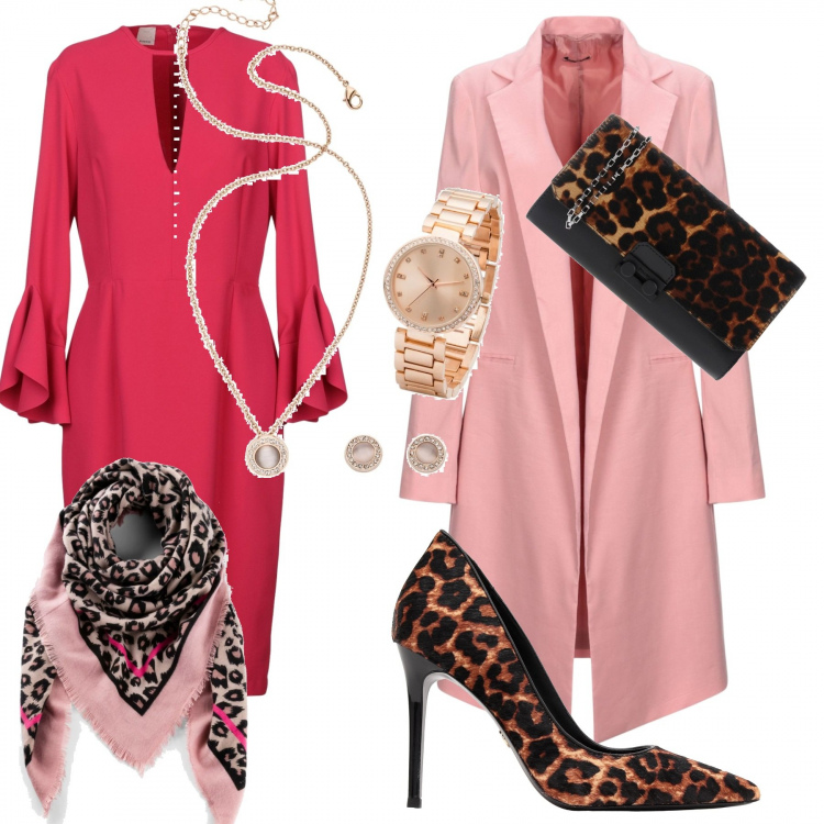 Outfit donna - Apparentemente bon ton. Stile Sexy per Serata fuori. Abbinamento con foulard, orecchini, vestiti midi/longuette, cappotti, borsa a mano fantasia taglia media a scatto interno foderato con tracolla removibile, décolleté.