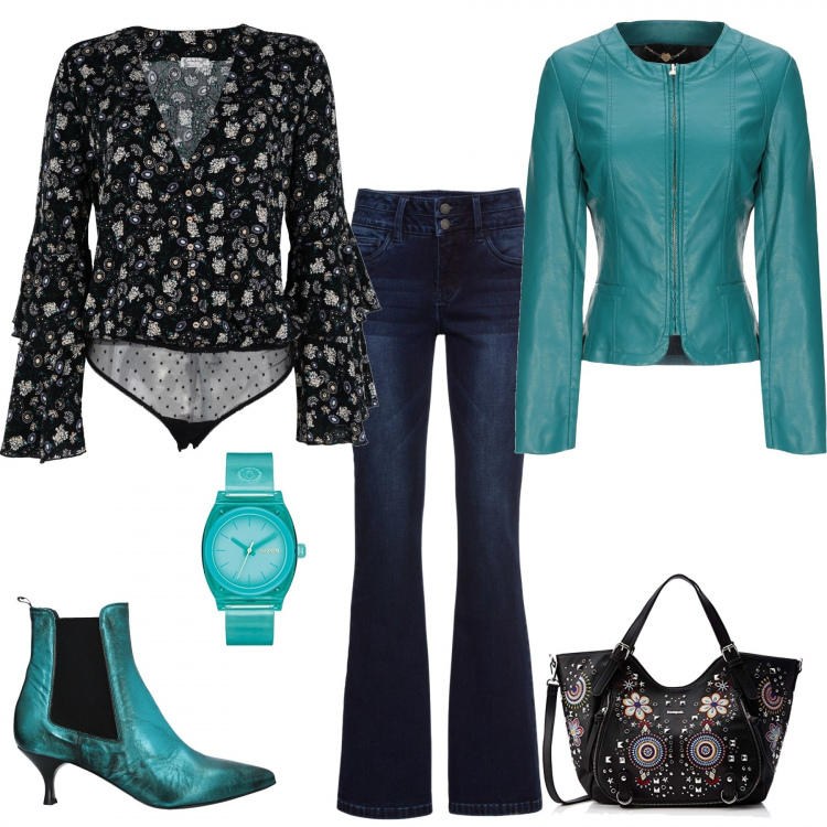 Outfit donna - In ufficio con brio. Stile Trendy per Ufficio. Abbinamento con jeans bootcut, bluse, giubbotto collo tondo a maniche lunghe con zip interno foderato in pelle sintetica tinta unita, stivaletti effetto laminato a punta tinta unita, borse a spalla, orologio analogico.
