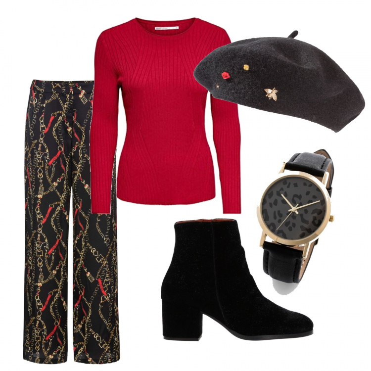 Outfit donna - Pantaloni trendy. Stile Trendy per Tutti i giorni. Abbinamento con cappelli e berretti, pantalone fantasia nero, orologio nero, stivaletti, pullover.