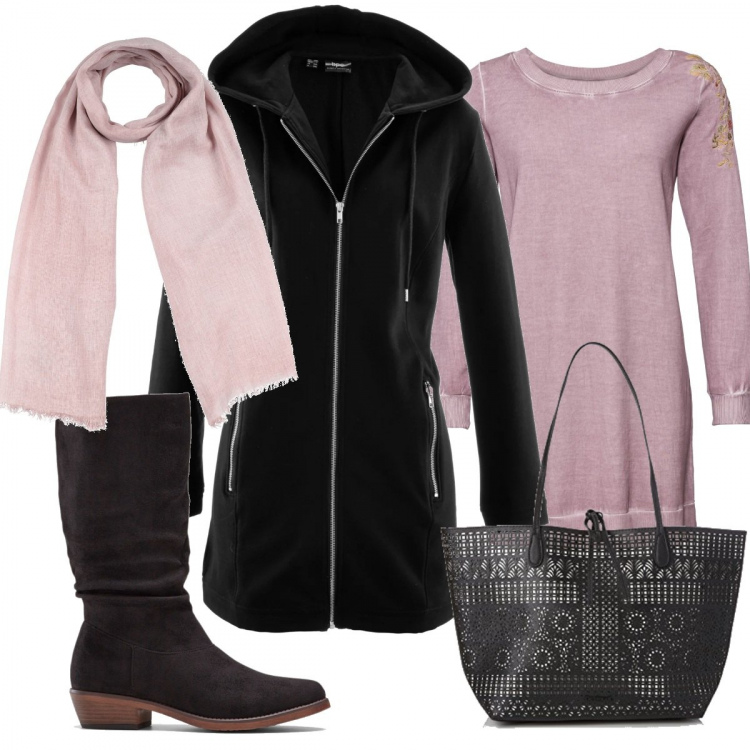 Outfit donna - Abito in felpa con ricamo. Stile Basic per Tutti i giorni. Abbinamento con felpe sportive, maglieria, stivali nero, scaldacollo, shopping bag con zip e tasca interna nero.