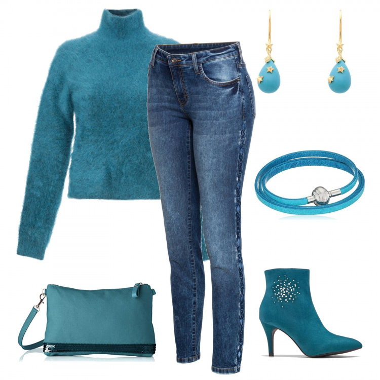 Outfit donna - Festa in turchese. Stile Urban per Serata fuori. Abbinamento con jeans skinny, stivaletti, maglia senza tasche collo a dolcevita a maniche lunghe taglia media in mohair tinta unita, orecchini con strass oro e argento, braccialetto, pochette.