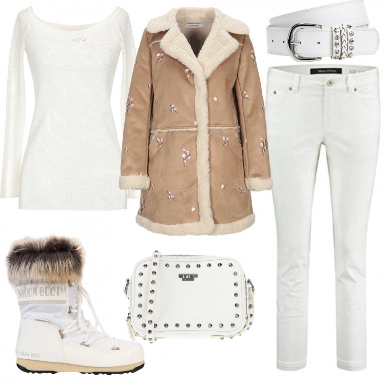 Outfit donna - Weekend in montagna. Stile Basic per Tutti i giorni. Abbinamento con cinture, cappotto, borsa a tracolla mini con manico e borchie con zip interno foderato in pelle sintetica tinta unita, stivaletti, pullover, pantalone lungo.