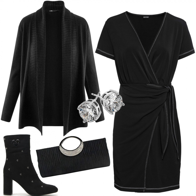 Outfit donna - Perfetta in pochi click. Stile Trendy per Serata fuori. Abbinamento con perizomi, tronchetti, cardigans, orecchini, pochette in raso.