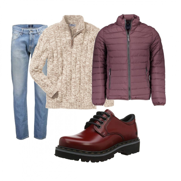 Outfit uomo - Scarpe Art. Stile Urban per Tutti i giorni. Abbinamento con maglieria, scarpe stringate, giubbotto, jeans.