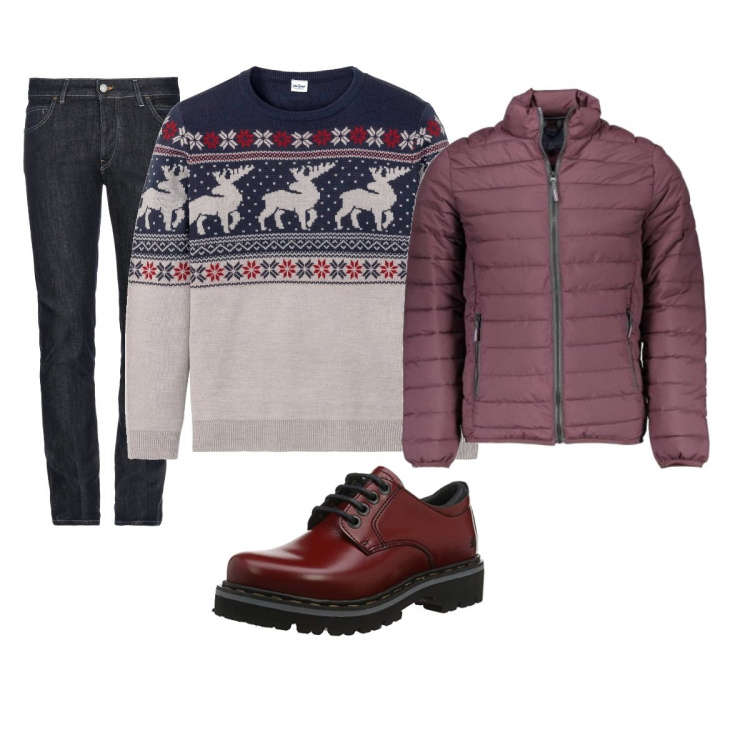 Outfit uomo - Il pranzo della befana. Stile Urban per Tutti i giorni. Abbinamento con maglieria, jeans, scarpe stringate, giubbotto.