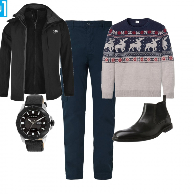 Outfit uomo - Arriva la Befana. Stile Trendy per Serata speciale. Abbinamento con maglieria, giacca nero, pantaloni, orologio, top in pelle nero.