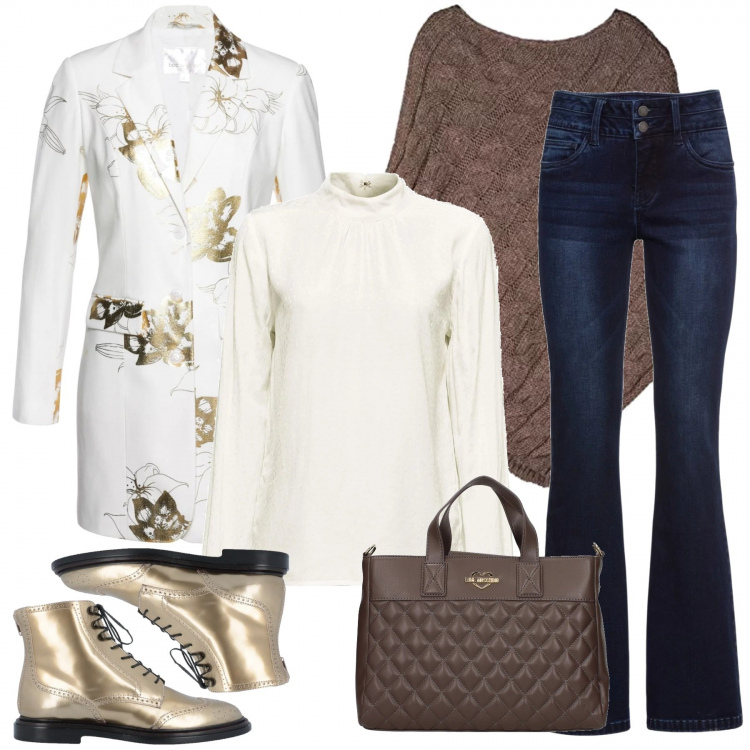 Outfit donna - Curvy e trendissima. Stile Trendy per Tutti i giorni. Abbinamento con jeans bootcut, blazer, stivaletti effetto laminato con tacco squadrato e zip con punta tonda tinta unita, borsa a mano, cappotti, camicie.