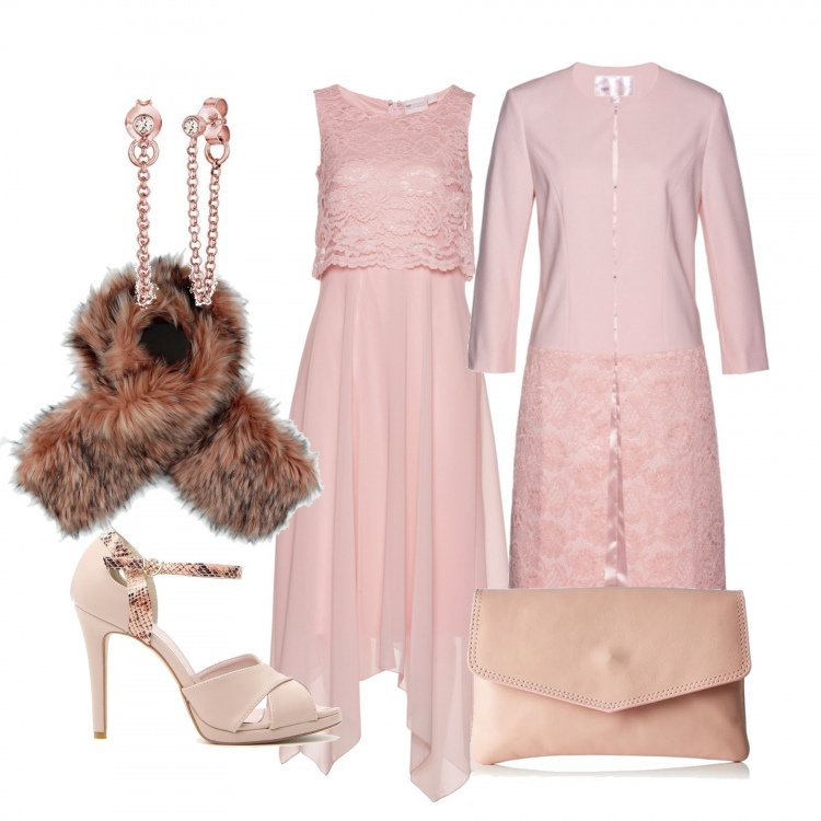 Outfit donna - Un incanto. Stile Chic per Cerimonia. Abbinamento con vestiti midi/longuette, blazer, sciarpa, sandali, borse a mano, orecchini.