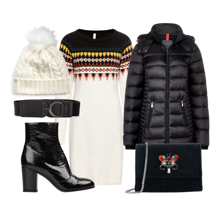 Outfit donna - Vestito maglione must have fw 2020. Stile Trendy per Tutti i giorni. Abbinamento con cinture, vestito corto, borsa a tracolla, stivaletti, cappello tinta unita, blazer.