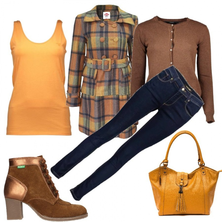 Outfit donna - Saldi Pricy. Stile Trendy per Tutti i giorni. Abbinamento con cappotti, jeans, stivali, cardigans, shopping bag, canottiere.