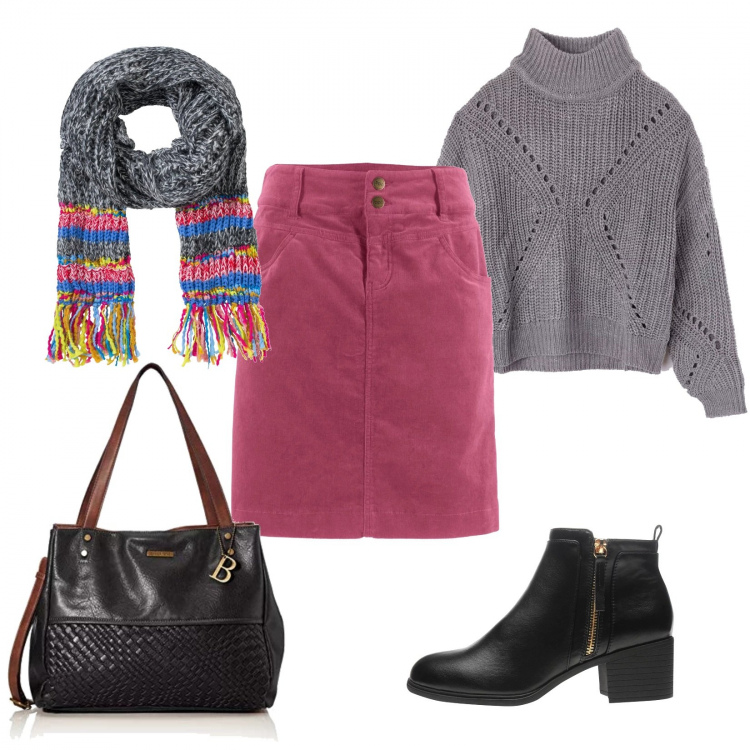 Outfit donna - Comoda e colorata. Stile Trendy per Scuola/Università. Abbinamento con gonne lunghe, sciarpa, maglia melange grigio, stivaletti, shopping bag.