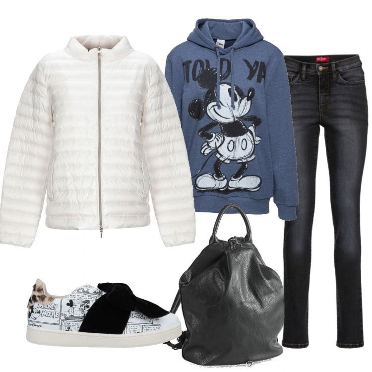Outfit donna - Topolino. Stile Basic per Scuola/Università. Abbinamento con gonne lunghe, jeans slim fit, sneakers tennis, piumino, borsa zainetto con manico e zip nero.