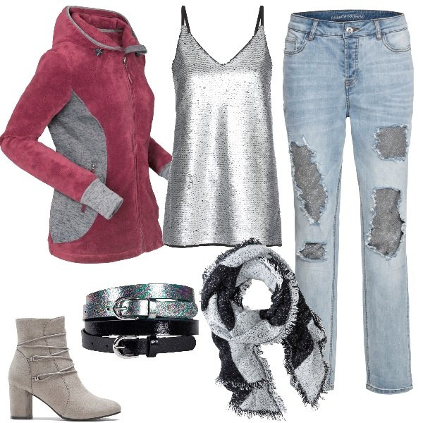 Outfit donna - Bon Prix in saldo. Stile Basic per Tutti i giorni. Abbinamento con sciarpe, vestiti, jeans boyfriend blu, top, stivaletti effetto scamosciato con laccetti in pelle sintetica grigio, cinture.