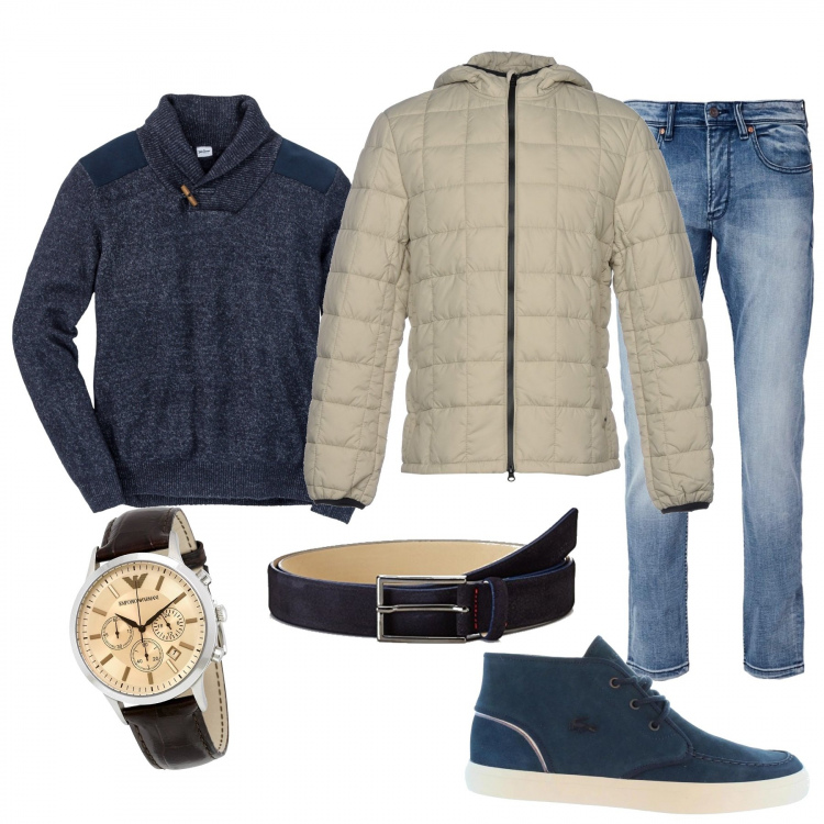 Outfit uomo - Informale in ufficio. Stile Casual per Tutti i giorni. Abbinamento con maglieria, giubbotto, jeans, scarponcini tennis navy, orologi, cintura.