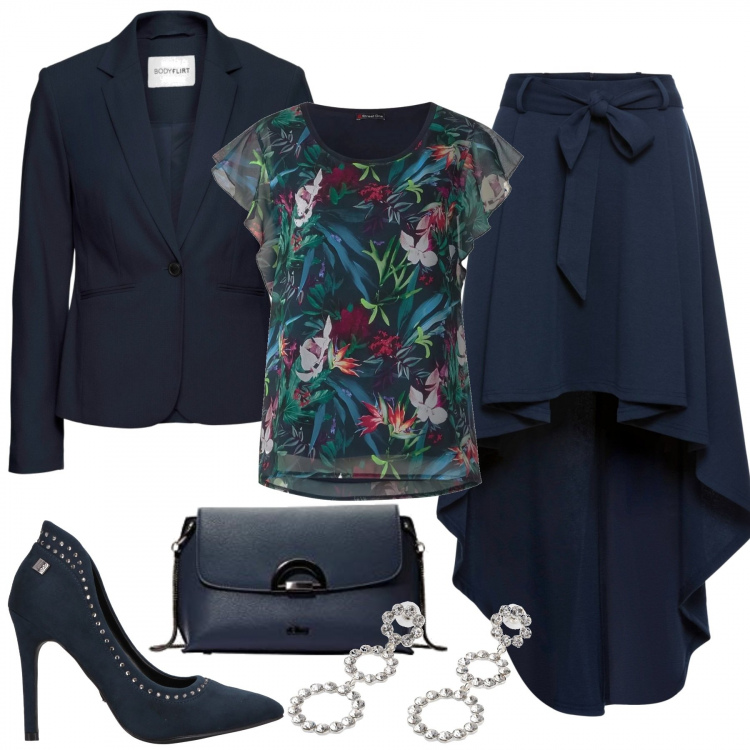 Outfit donna - Come uscita da un dipinto. Stile Chic per Serata fuori. Abbinamento con blazer, gonne, orecchini con cerchi argento, décolleté con strass effetto scamosciato con tacco spillo interno foderato a punta in pelle sintetica tinta unita, t-shirt multicolore e blu, borse a tracolla.