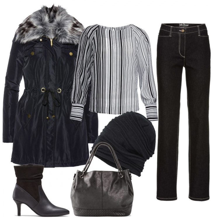 Outfit donna - Saldi!. Stile Trendy per Serata fuori. Abbinamento con berretti, parka, jeans a sigaretta taglio dritto in denim elasticizzato nero, maglieria, borsa a mano con zip e scomparti nero, stivaletti.