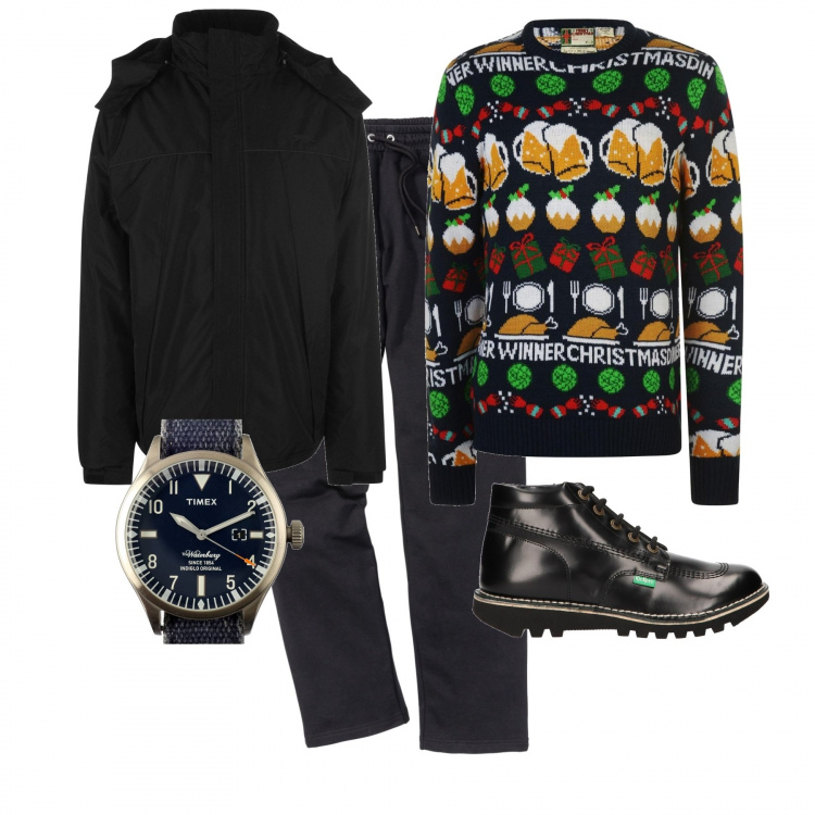Outfit uomo - Maglioncino con boccali di birra. Stile Trendy per Serata speciale. Abbinamento con pantaloni, maglione navy, giubbotto, orologio, stivali marrone.