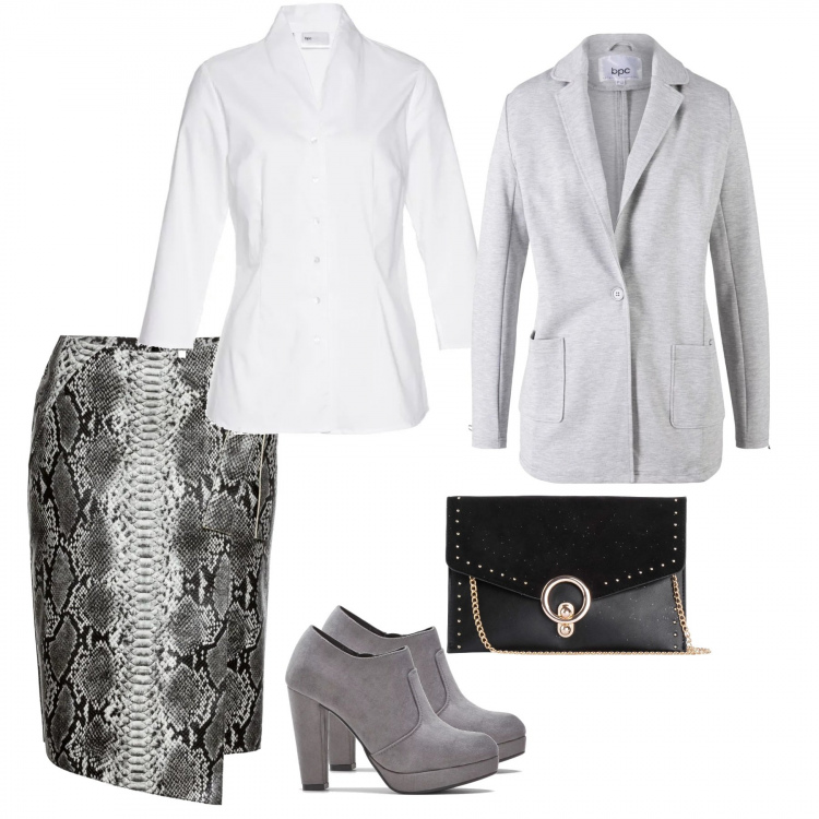 Outfit donna - Una gonna trendy. Stile Trendy per Tutti i giorni. Abbinamento con top, camicie, gonna a portafoglio con zip in pelle sintetica bianco, blazer, borsa a tracolla.