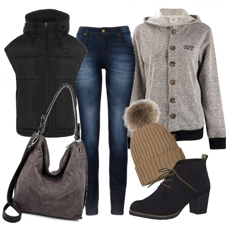 Outfit donna - Esco a fare benzina. Stile Basic per Tutti i giorni. Abbinamento con jeans skinny, felpa stile militare con cappuccio in denim, borsa a spalla nero, stivaletti, scarpe sport con zip e tasche nero, berretti.