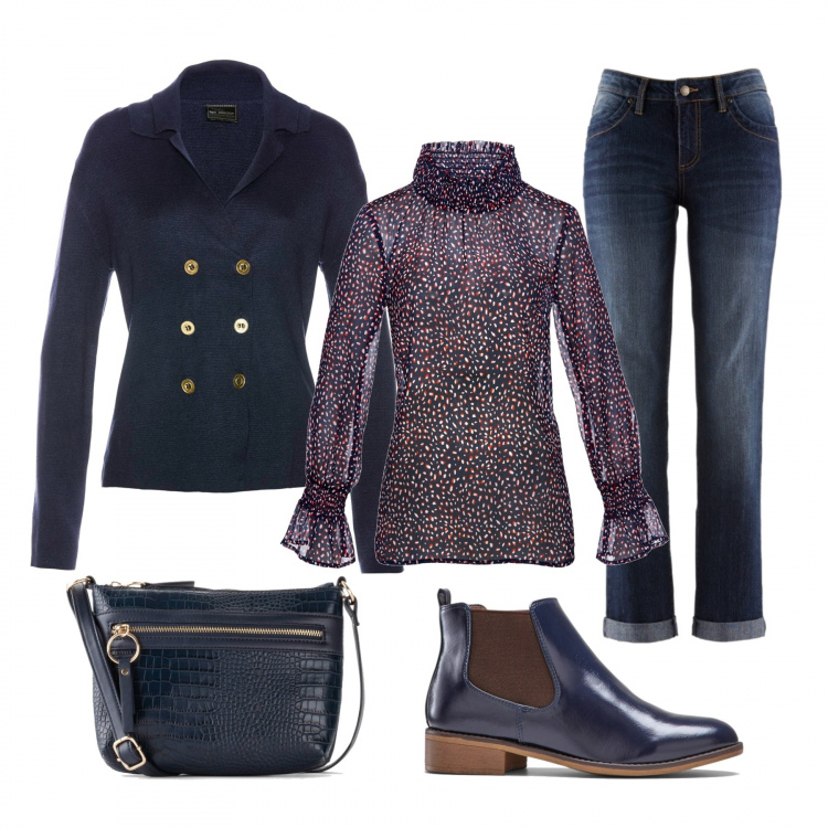 Outfit donna - La camicetta in voile. Stile Bon Ton per Tutti i giorni. Abbinamento con jeans dritti, blusa, cardigan doppiopetto blu, stivaletti chelsea, maglieria.