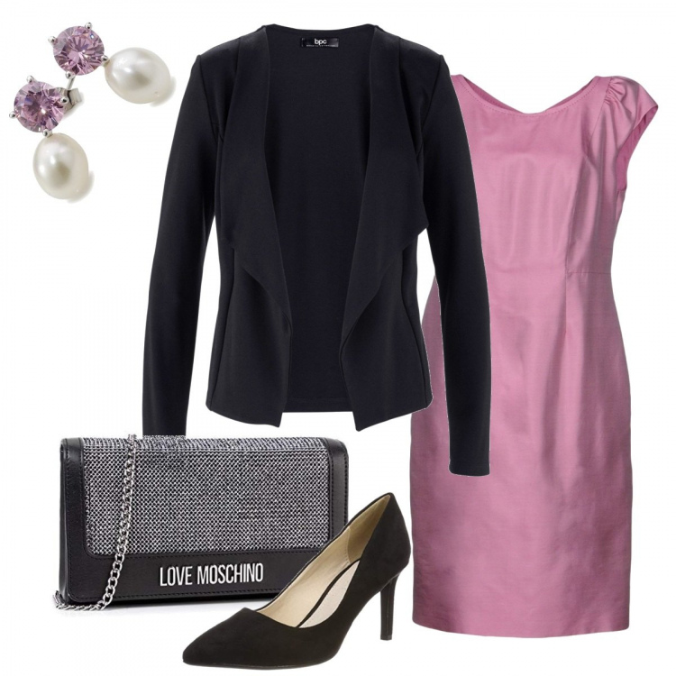 Outfit donna - Vestito rosa. Stile Chic per Serata fuori. Abbinamento con blazer, vestito corto a tubino collo tondo con zip interno foderato in seta twill, scarpe col tacco, borse a mano, orecchini.