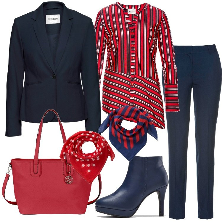 Outfit donna - Proposte in saldo Bonprix. Stile Basic per Ufficio. Abbinamento con blazer, camicetta con spacco e polsini rosso, pantalone lungo, stivaletti, shopping bag rosso, costumi interi.