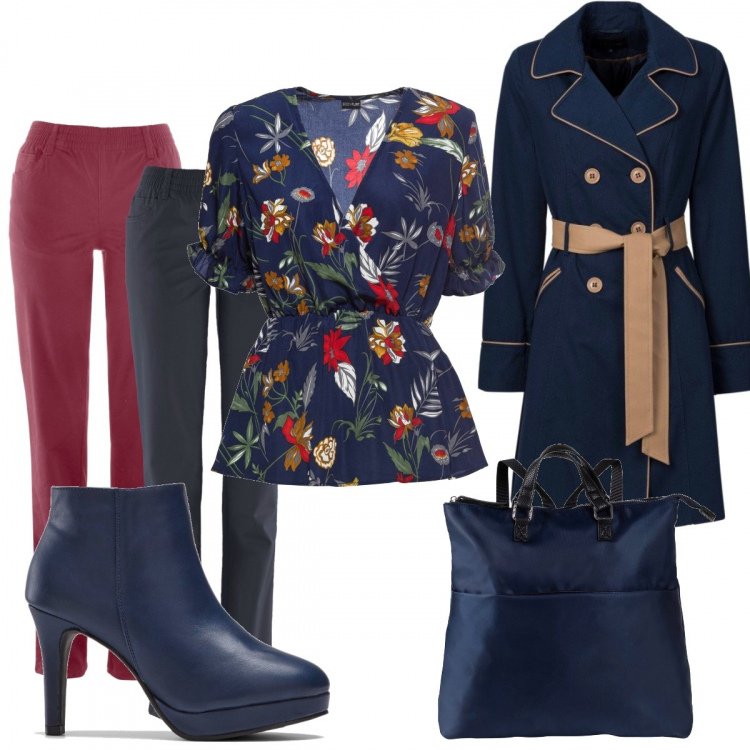 Outfit donna - Eleganza avventuriera. Stile Trendy per Tutti i giorni. Abbinamento con trench, tunica con scollo a maniche corte blu, zaino, pantalone taglio dritto elasticizzato rosso, stivaletti.