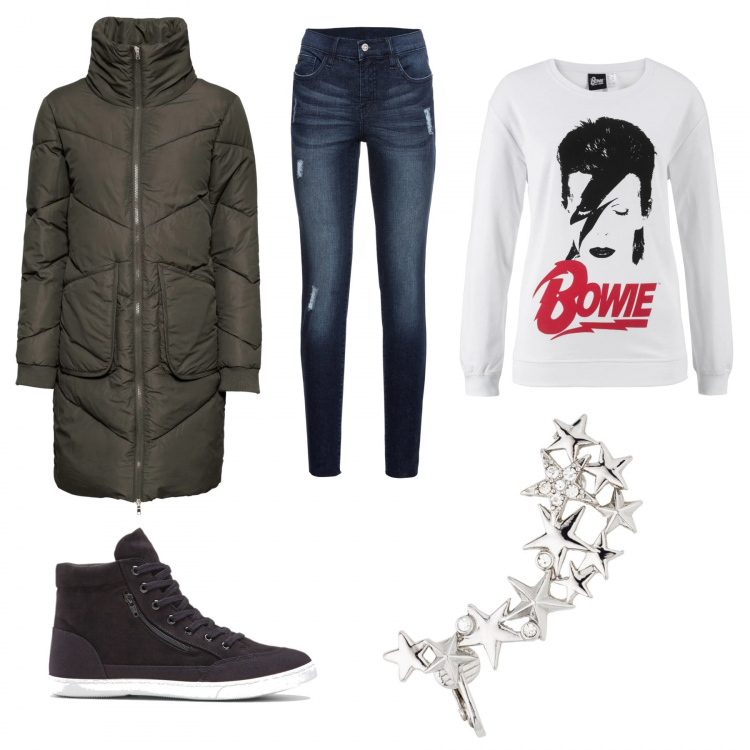 Outfit donna - Urban #793. Stile Urban per Tutti i giorni. Abbinamento con jeans strappati, giubbotto oversize collo alto verde, sneakers alte, felpa bianco, bluse.