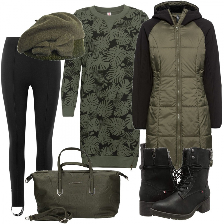 Outfit donna - Il vestito di felpa con le foglie. Stile Basic per Tutti i giorni. Abbinamento con vestiti, top, shopping bag, stivali, berretto in lana, leggings.