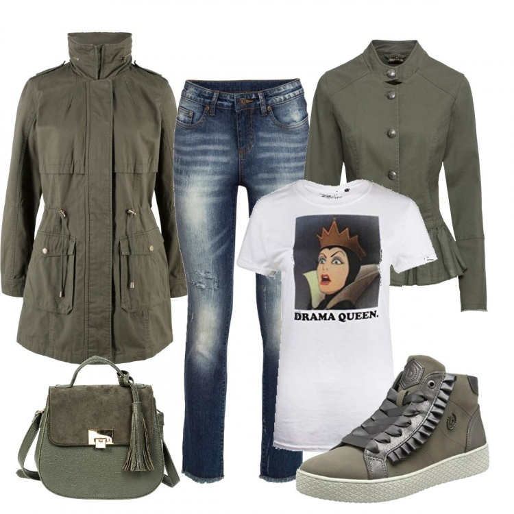 Outfit donna - Drama Queen. Stile Basic per Tutti i giorni. Abbinamento con parka, blazer, jeans skinny blu, borse a spalla, stivaletti, t-shirt.