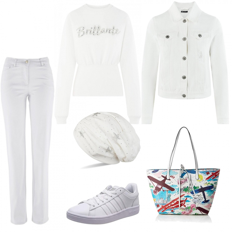 Outfit donna - Total white o quasi.... Stile Basic per Tutti i giorni. Abbinamento con pantaloni, felpe, shopping bag, scarpe da ginnastica bianco, blazer, cuffia beanie con strass elasticizzato bianco.