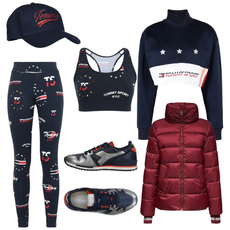 Outfit mujer - Tommy sport. Estilo Basic para Deporte. Combinación con blazers, cappello navy, sneakers multicolore, top, pantalone, top.