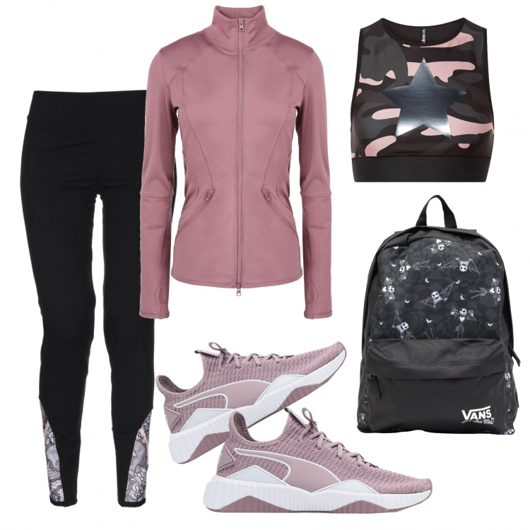 Outfit mujer - Fitness. Estilo Basic para Deporte. Combinación con sneakers, top jersey, sudaderas, zaino maxi, leggings.