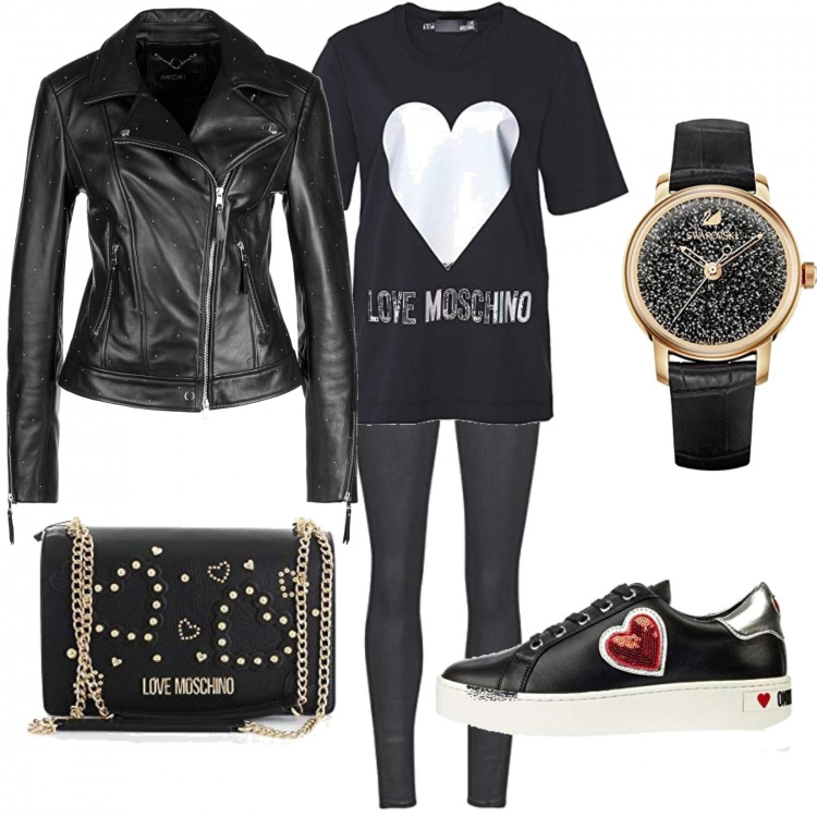 Outfit donna - Amazon in black. Stile Rock per Tutti i giorni. Abbinamento con sneakers, borsa a tracolla nero, orologi, t-shirt, cappotto nero, jeans skinny.