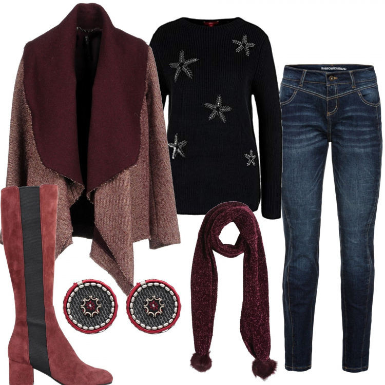 Outfit donna - Trendy #1635. Stile Trendy per Tutti i giorni. Abbinamento con jeans boyfriend, cappotto tweed effetto laminato collo con revers a maniche lunghe interno sfoderato in denim monopetto, stivali effetto scamosciato con tacco geometrico e punta tonda tinta unita, orecchini, sciarpa rosso, felpa.